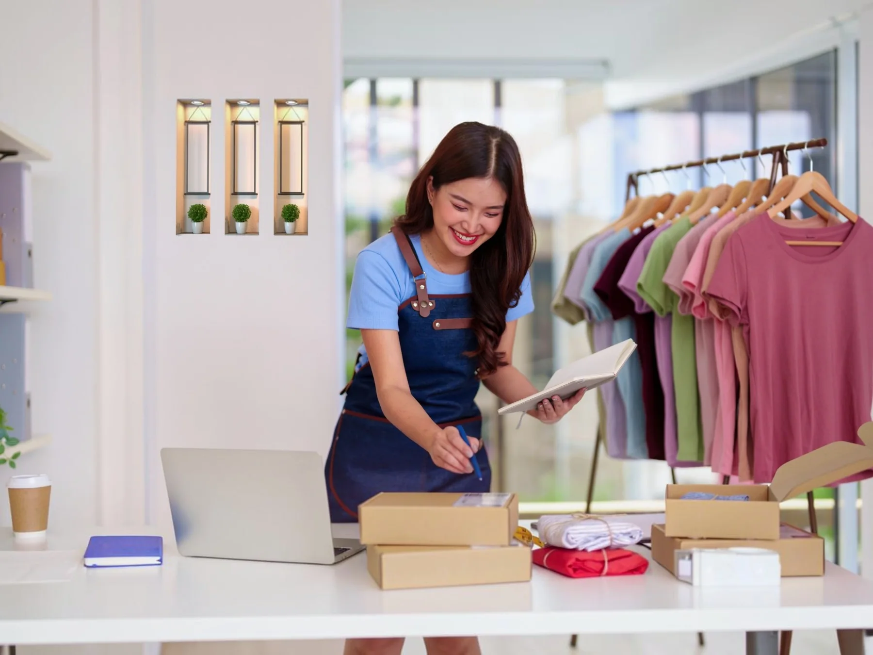 Fashion store display with colorful clothing and store branding