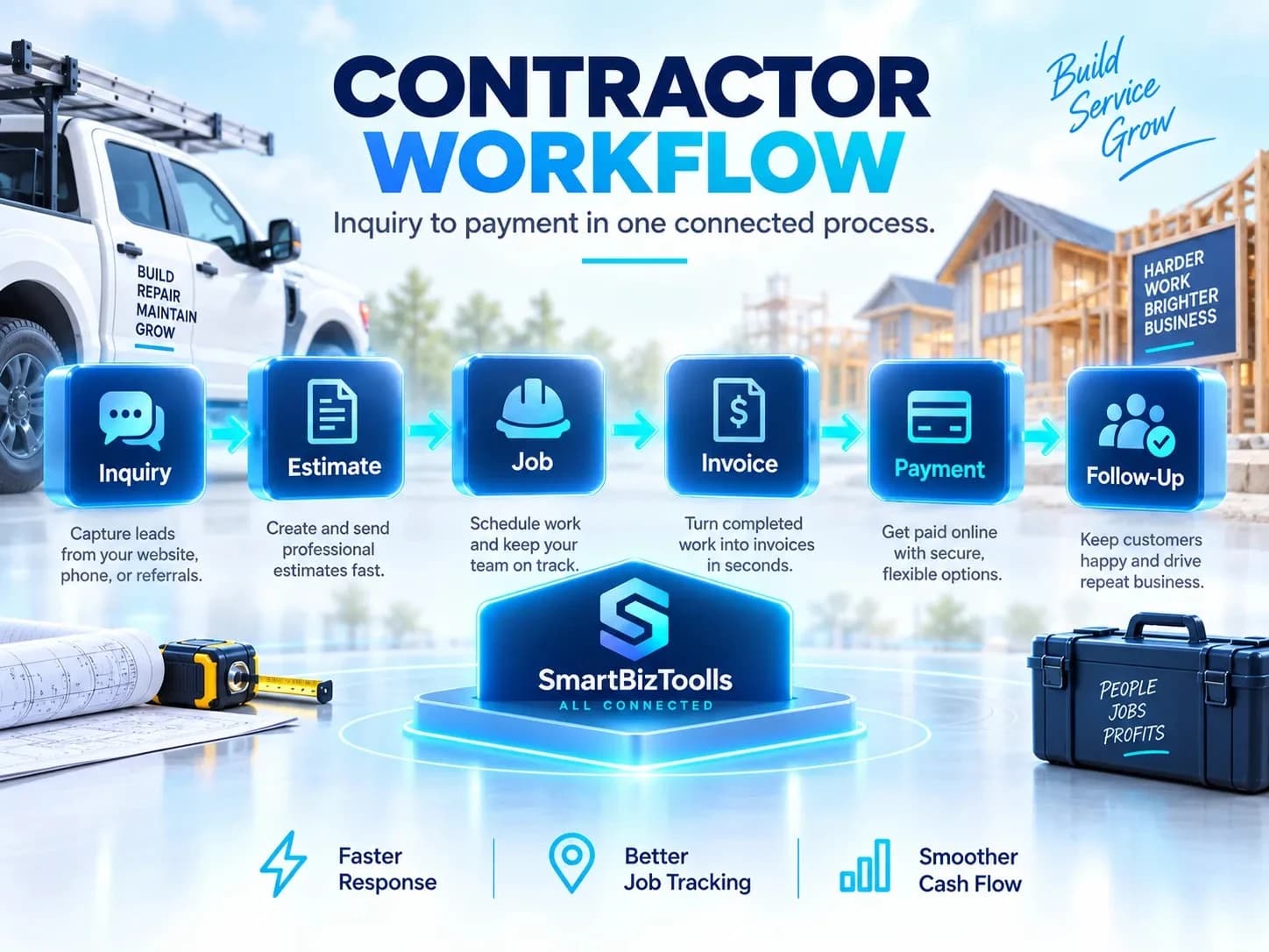 Contractor workflow from inquiry to payment using SmartBizToolls